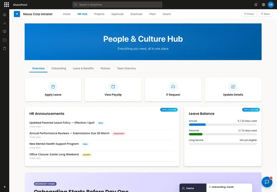 People and Culture hub with apply leave, payslip, IT request buttons and leave balances