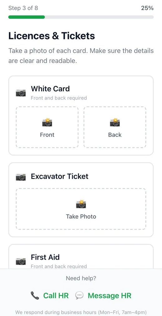 Phone screen asking the starter to photograph the front and back of each licence card