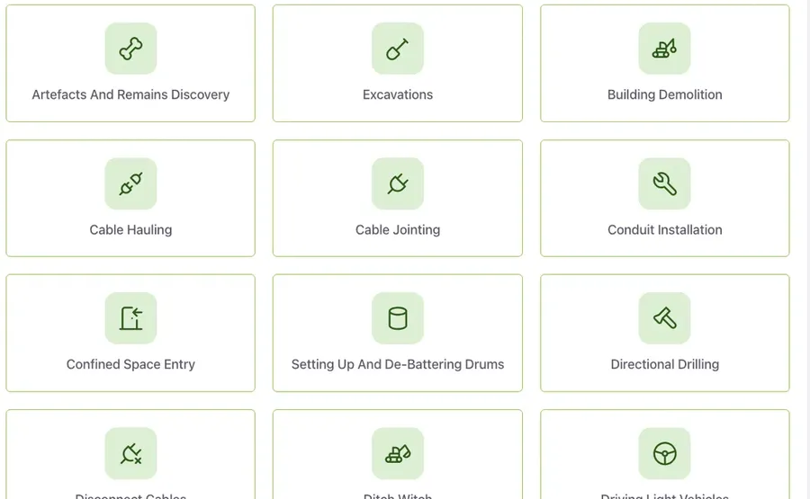 SWMS app home screen showing job type tiles such as Excavations, Cable Jointing and Confined Space Entry